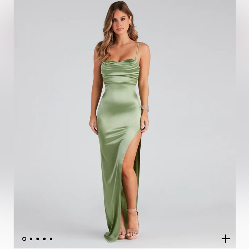 Solid Color Long Sleeve Slit Satin Maxi Dress main image 0